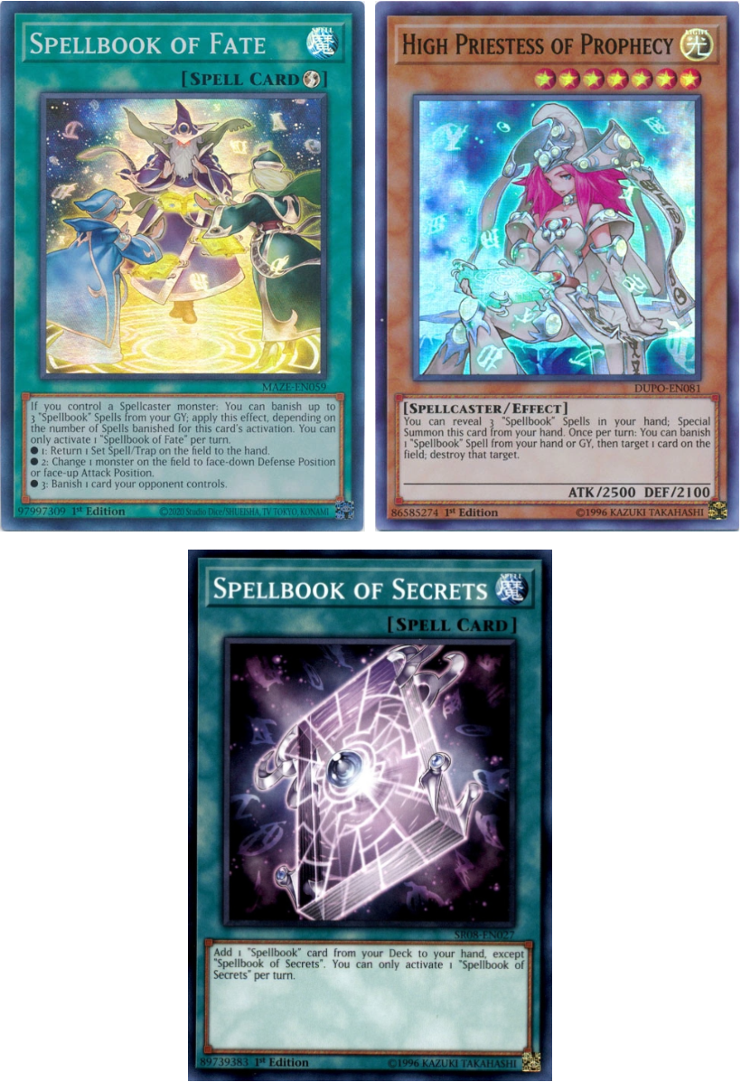 Spellbook of Fate and Spellbook of Secrets and High Priestess of Prophecy cards from Yu-Gi-Oh!