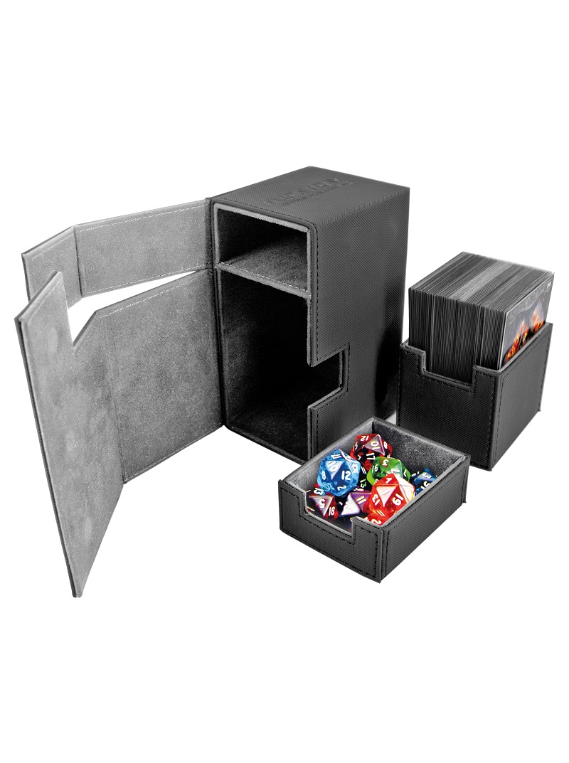 Opened Black original Flip'n'Tray design of 2014 from Ultimate Guard with both Storage Compartments besides