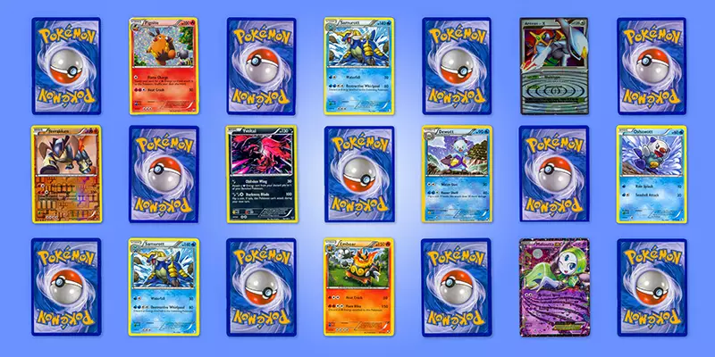 several TCG cards displayed of the front and back side from Pokémon