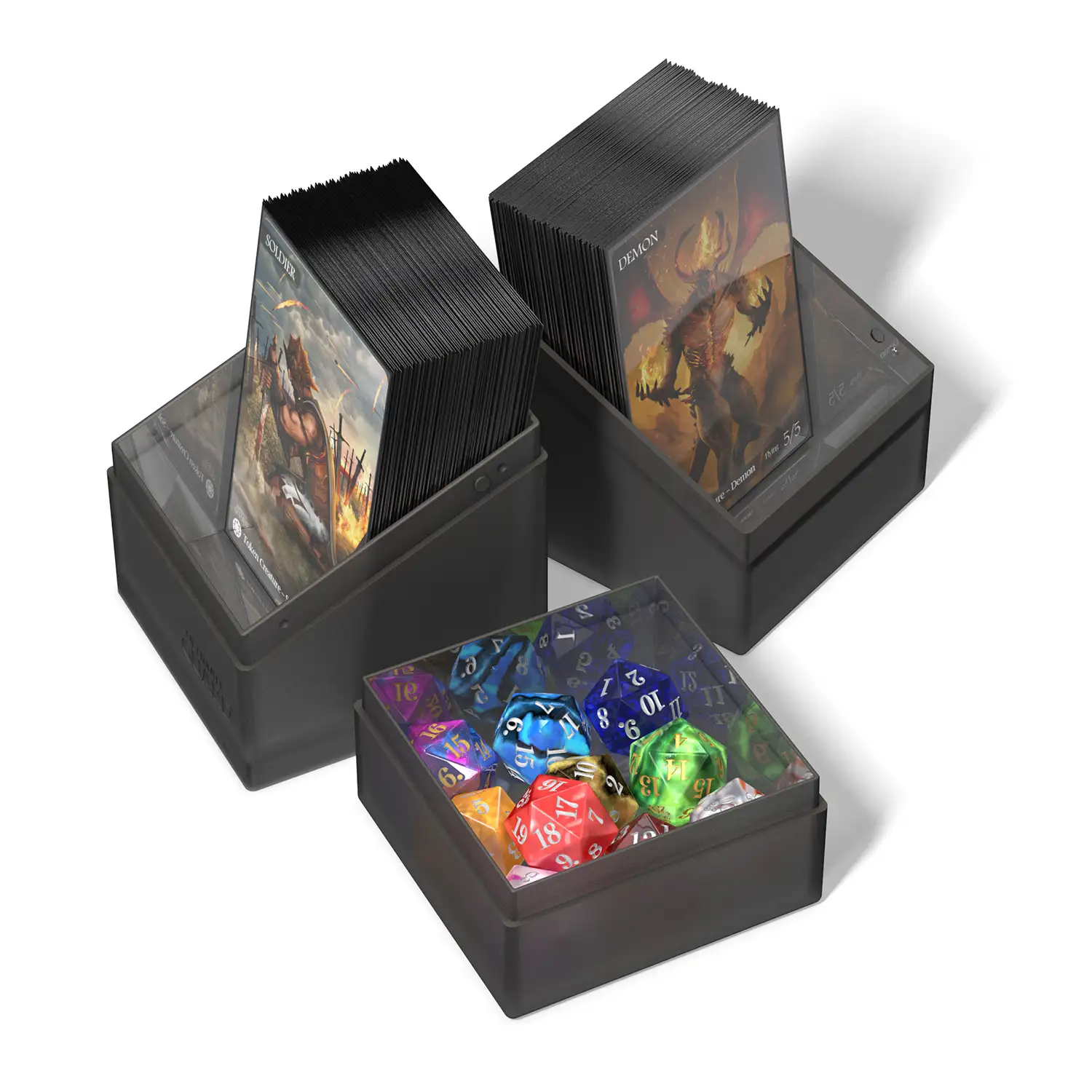 Product Photo of the black Boulder'n'Tray100+ by Ultimate Guard filled with cards and cubes