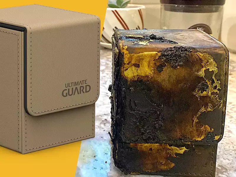 James' burned Ultimate Guard deck box in comparison to a new one