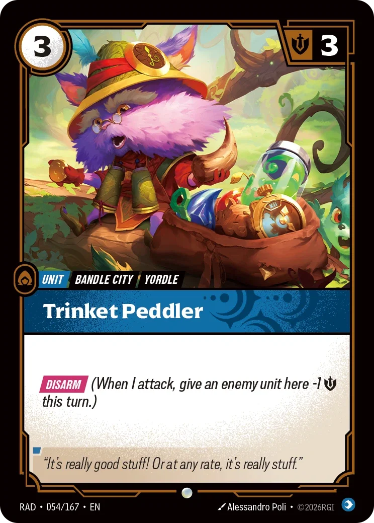 Trinket Peddler card art for Riftbound