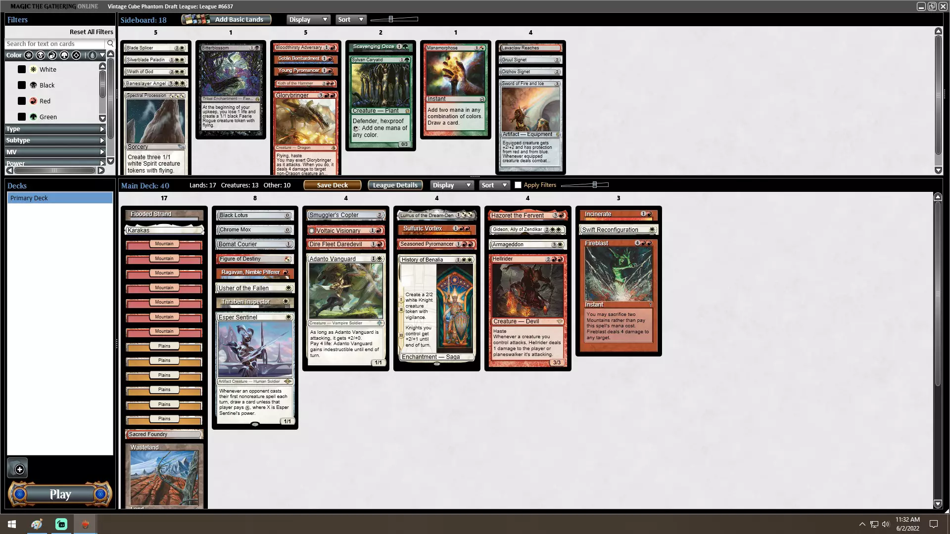 Decklist Screenshot with colorless value lands from MTG Vintage Cube Online