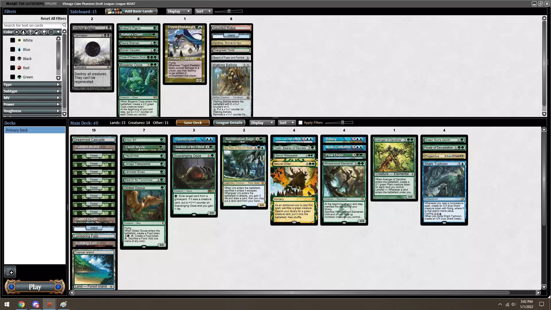 Decklist Screenshot from MTG Vintage Cube Online highlighting  Bitterblossom, Ashiok, Nightmare Weaver and Fallen Shinobi cards