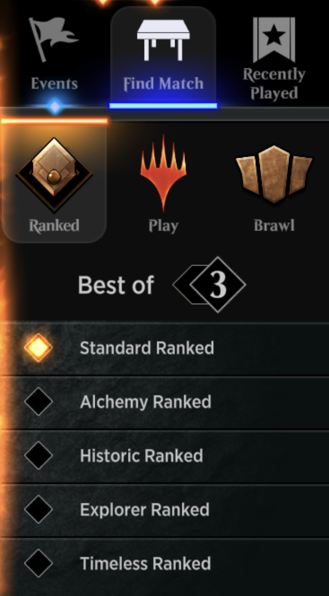 Screenshot of the Formats Overview from Magic: The Gathering Arena