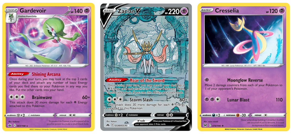 Gardevoir, Zacian V and Cresselia cards from Pokémon