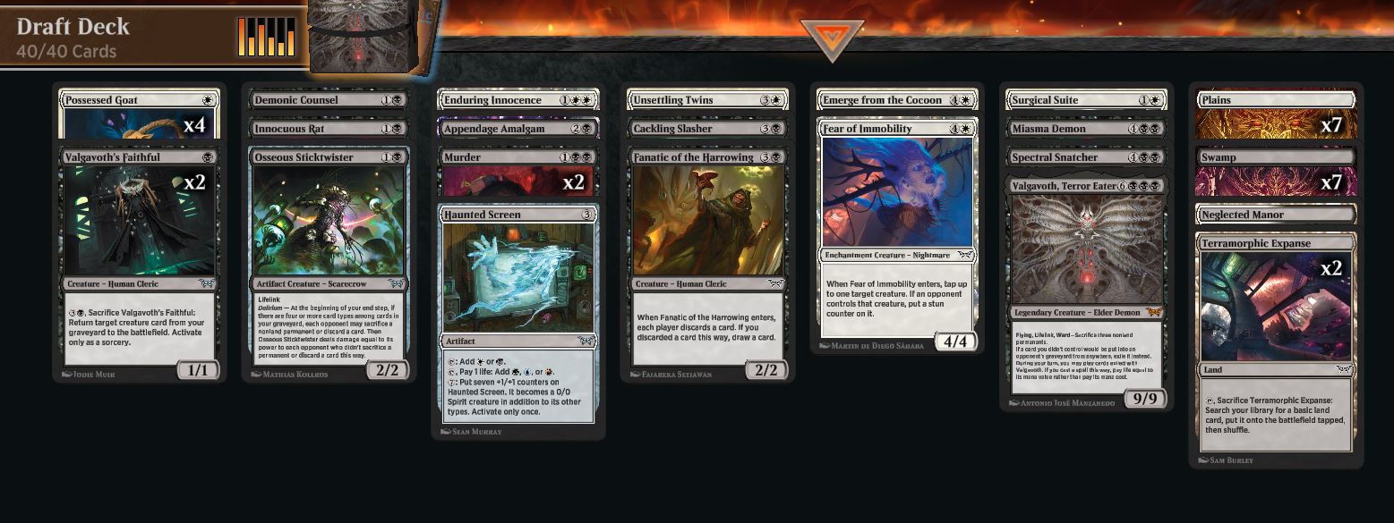 Black and White 2-2 Reanimator Decklist of the Duskmourn Limited set from Magic: The Gathering