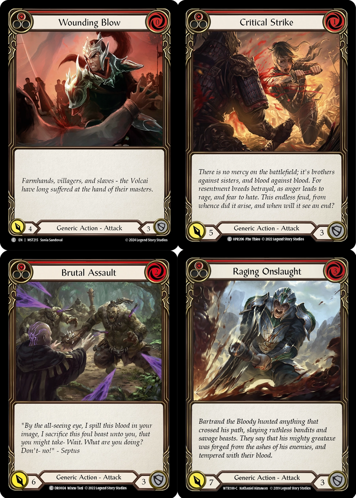 Wounding Blow card, Critical Strike card, Brutal Assault card and Raging Onslaught from Fresh and Blood