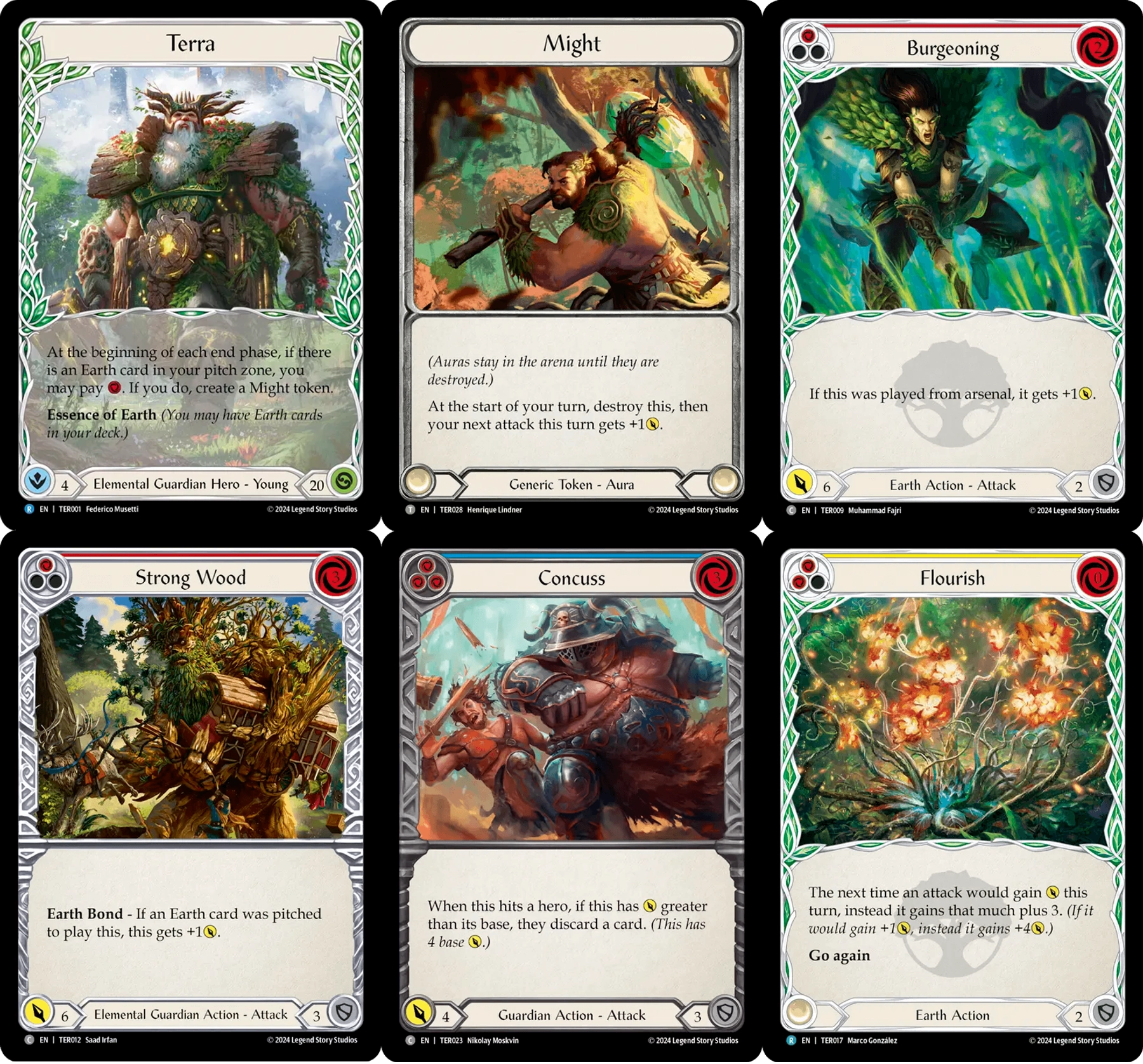 Terra card, Might card, Burgeoning card, Concuss card and Flourish card from Flesh and Blood