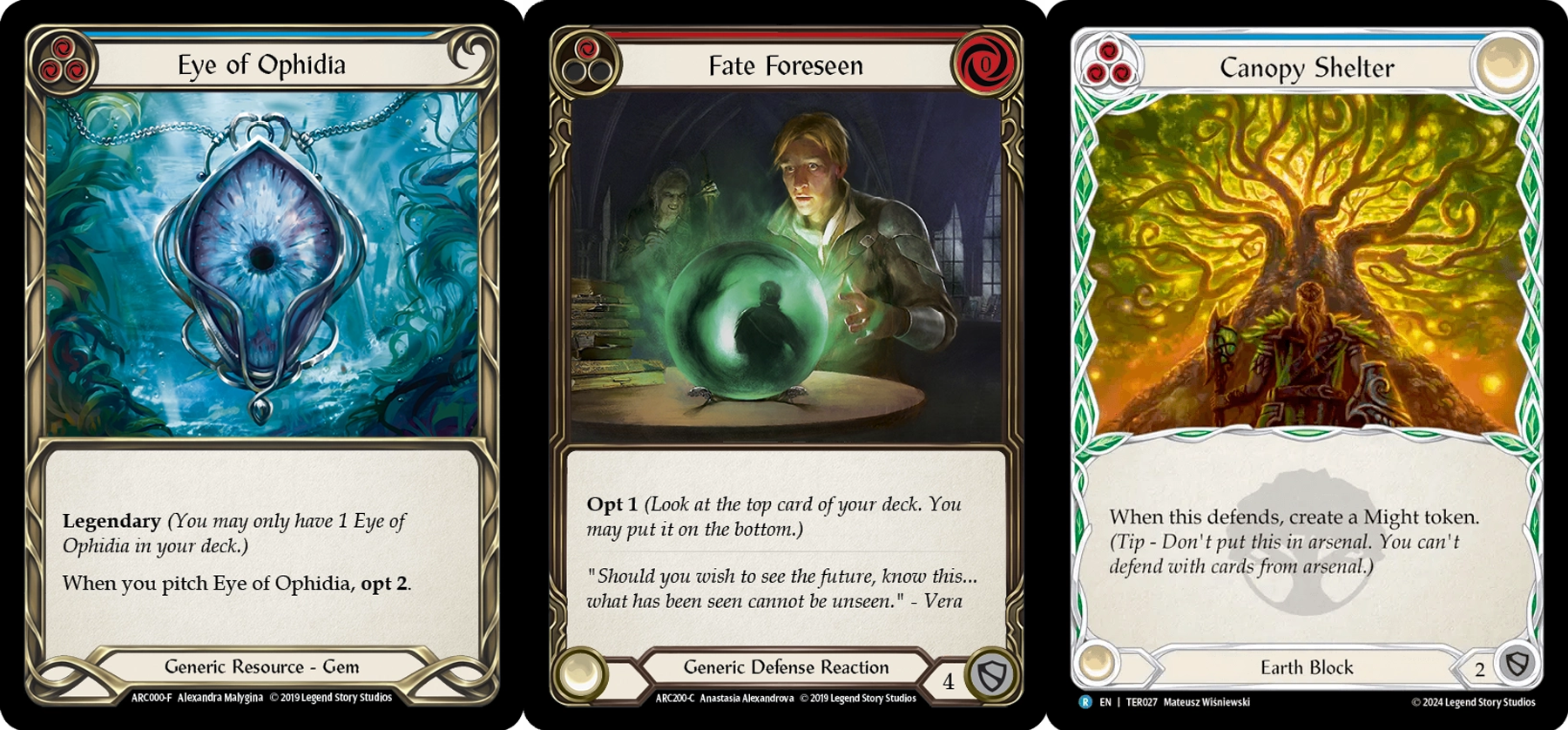 Eye of Ophidia card, Fate Foreseen card and Canopy Shelter card from Flesh and Blood