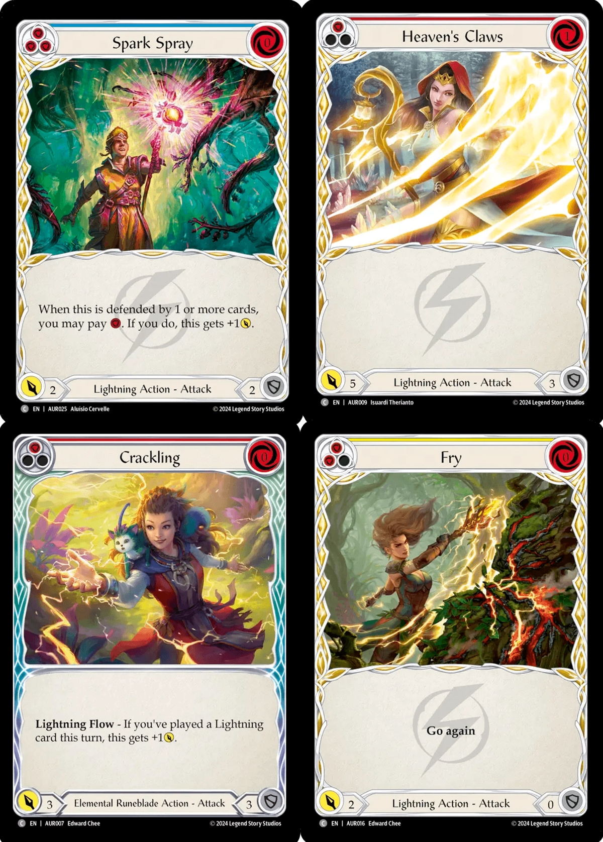 Spark Spray card, Heaven's Claws card, Crackling card and Fry card from Flesh and Blood