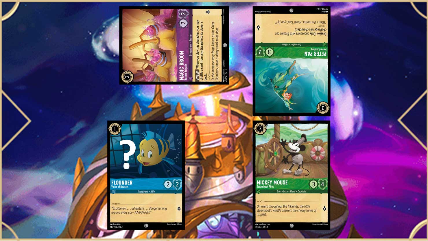 Magic Broom, Peter Pan, Flounder and Mickey Mouse cards from Disney Lorcana
